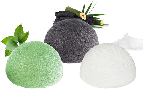 Lot de 3 éponges konjac – charbon de bambou, thé vert et nature – Tokyo Éclat